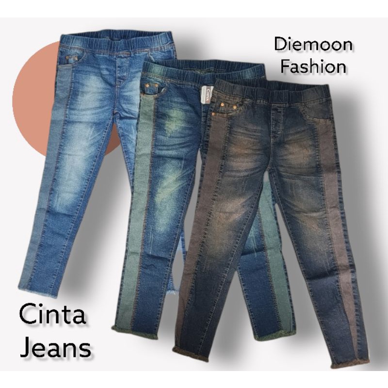 Cinta Jeans aplikasi laser whisker bahan melar pinggang full karet