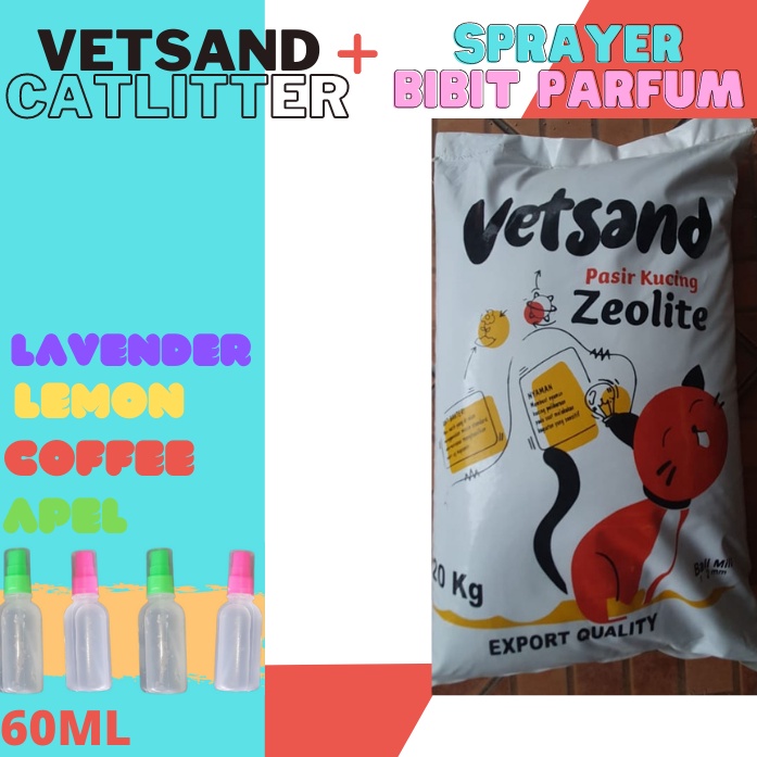 Vetsand Granule Zeolite + parfum pewangi sprayer 60ml Lavender Kopi Lemon Apel  pasir kucing gumpal