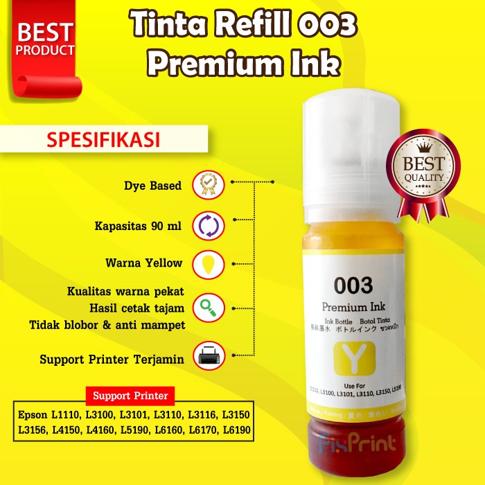 

s40dhts Tinta 003 Premium Refill Printer Epson L1110 L3110 L3150 L4150 L6190 - Biru E57Dtgfe