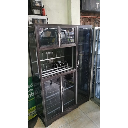 rak piring 3 pintu kaca coklat geser