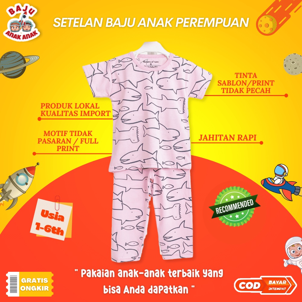Setelan Baju Piyama Baby Shark Anak Perempuan Lengan Pendek Kualitas Import Terbaru Umur 1 2 3 4 5 6