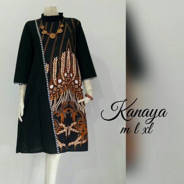 Tunik Kanaya #2 Batik Kombinasi Hitam Sogan Muslim Kantor Kerja Midi Cantik Kekinian