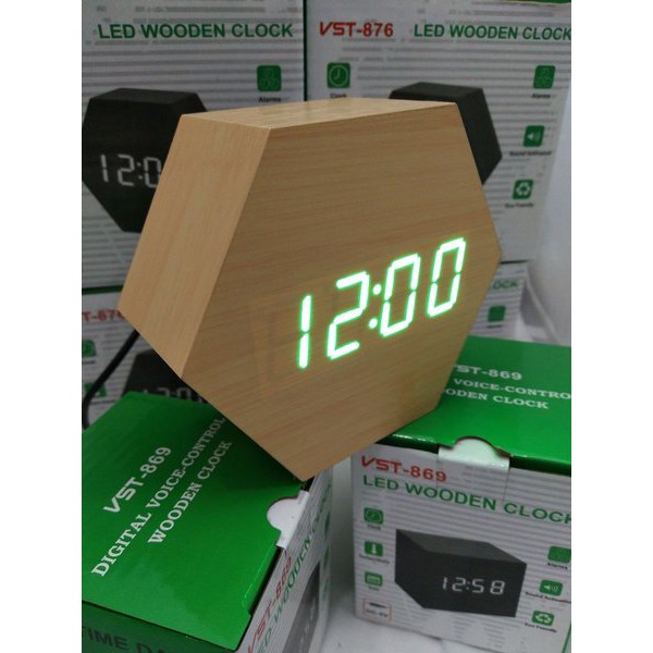 Jam Meja Digital Led Weker Digital Wood Alarm Clock 876 cream green