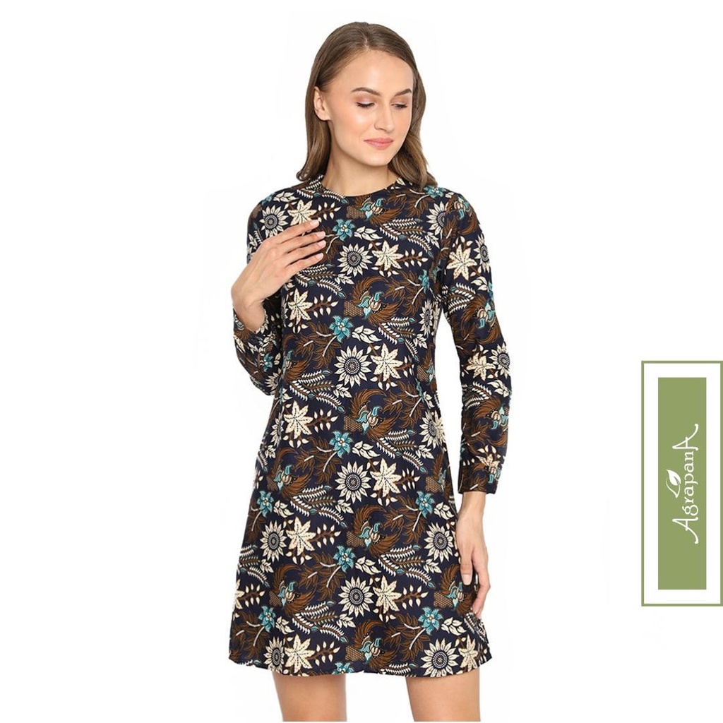 Agrapana Dress Baju Batik Wanita Modern Bhanu Lengan Panjang Gamis Pekalongan Tunik Kerja Kondangan 