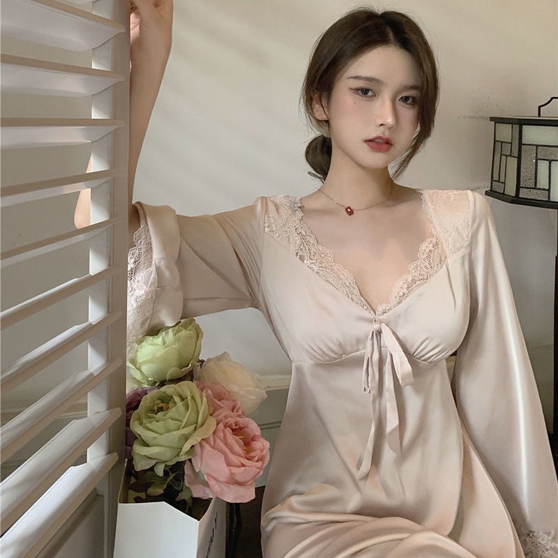 Baju tidur wanita Perancis V-neck seksi renda jahitan rok panjang satin pakaian rumah rok lengan pan