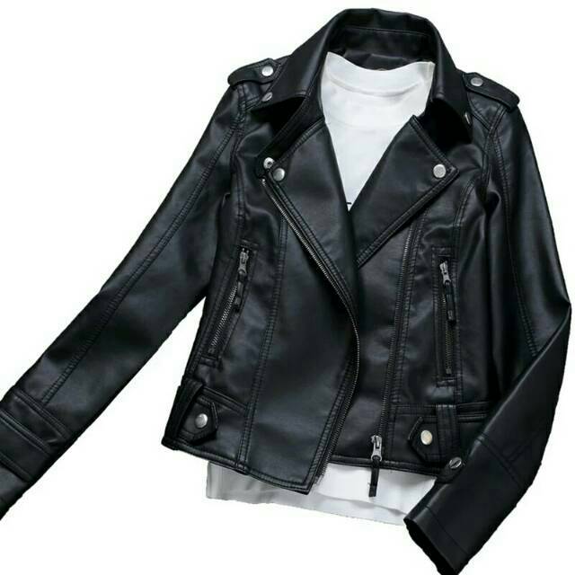 [BISA COD] Jaket Kulit Crop Wanita Black/ Sintetis Premium