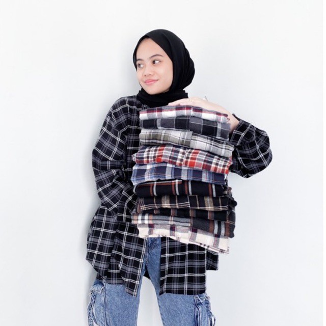 Bymeldev Kemeja Oversized 100% Bahan Flanel Motif Kotak Kotak