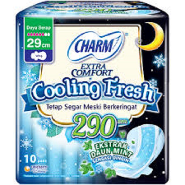 Charm Pembalut Extra Comfort Cooling Fresh night  Sayap Pembalut Wanita 29cm 10pads
