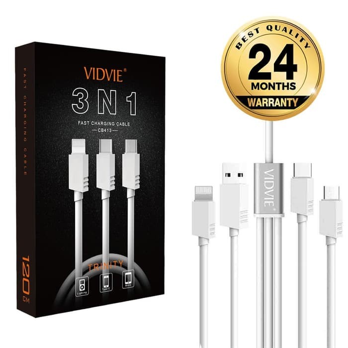 Cable charge Usb A to Micro lightning Type-C Vidvie 3in1 2.1A fast charging 120cm cb413 ivt - Kabel data universal cb-413