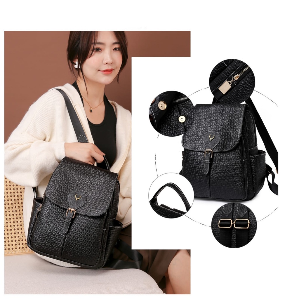 TAS RANSEL WANITA KULIT PREMIUM HITAM BRASSY GENDONG PUNGGUNG BACKPACK CEWEK KOREA TA538B5 SEKOLAH BRANDED KULIAH KERJA BATAM REMAJA KEKINIAN PREMIUM MURAH SIMPLE