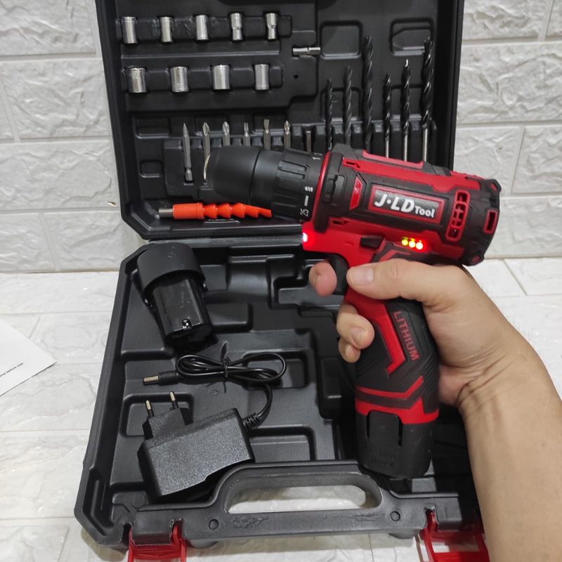 Bor baterai JLD 12volt Bor cordless JLD tool merah full sett