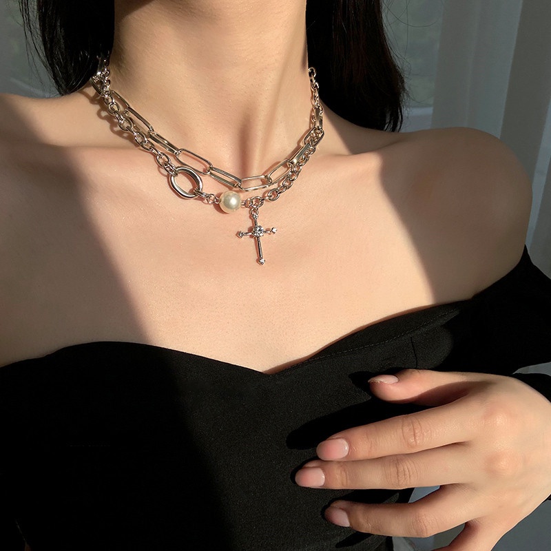 Cross Double Layered Necklace Hip Hop Pearl Pendant Clavicle Chain