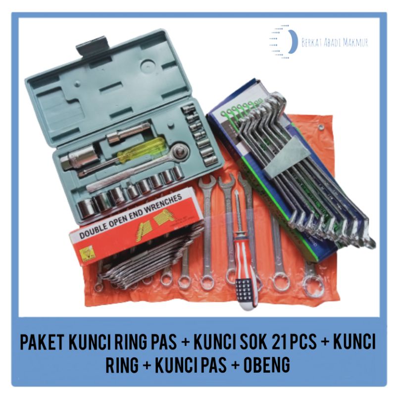 Paket Kunci Ring Pas Set + Kunci Ring + Kunci Pas Set + Kunci Sock Set + Obeng