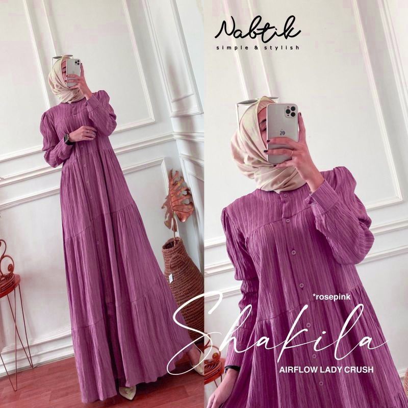 Shakila Maxy Dress Gamis Crinkle Airflow Lady Crush Premium Full Kancing-Shakila rosepink