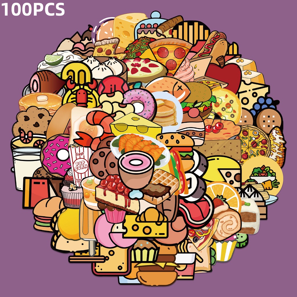 

100pcs Stiker Graffiti Kartun Makanan Hamburger Untuk Dekorasi Handphonekoper DIY