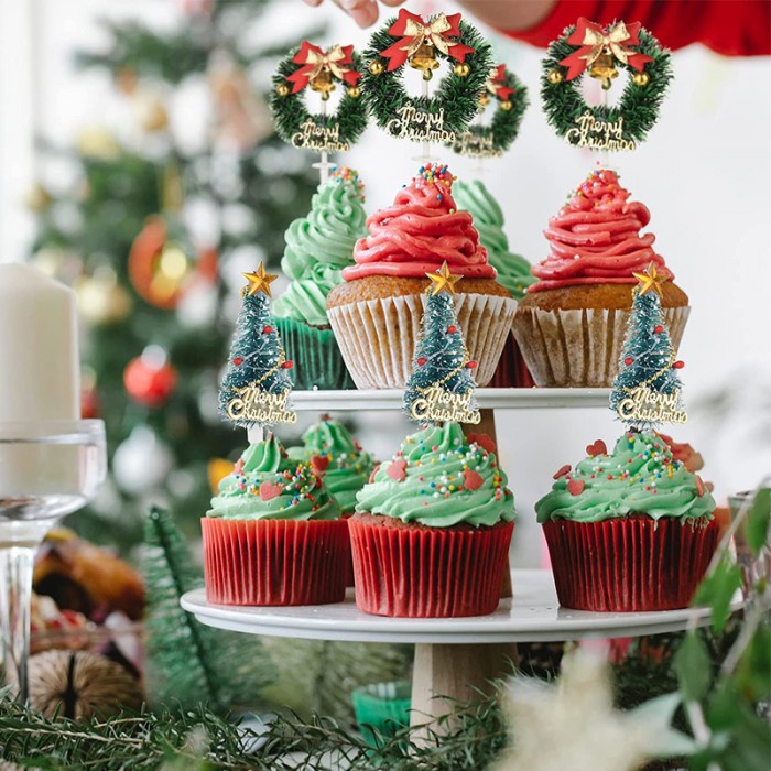 Hiasan Kue Natal Cake Topper Christmas Xmas Decoration Christmas Tree Wreath Mistletoe Pudding Cupcake Hiasan Pita Babymaniashop