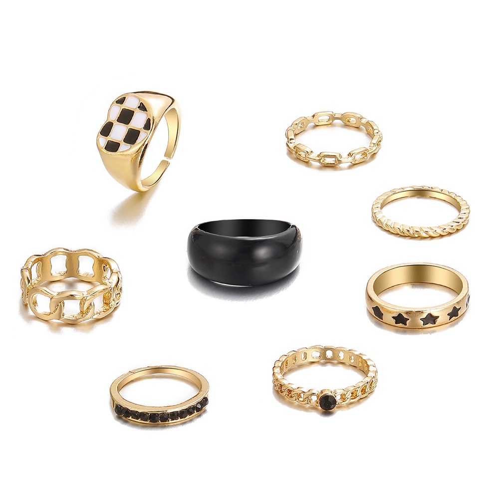 YEEZII 8pcs / Set Cincin Model Hollow Motif Hati / Bintang / Papan Catur Aksen Batu Resin Warna Hitam Untuk Wanita