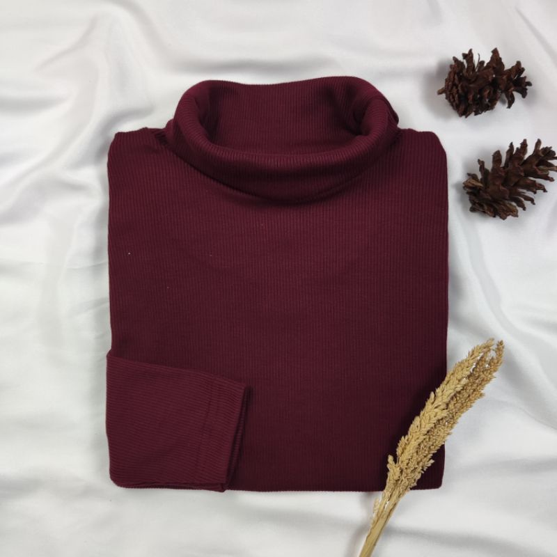 Kaos Turtleneck Pria Wanita Leher Tinggi Rib Premium-Maroon