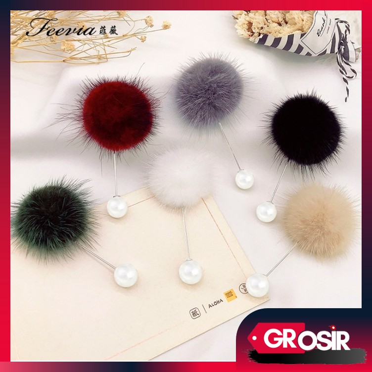 Grosir - F663 Bros Bulu Pompom/Bros Pin Pompom/Diamond Bros Pin Brooch/Peniti Jilbab Jarum Pentul