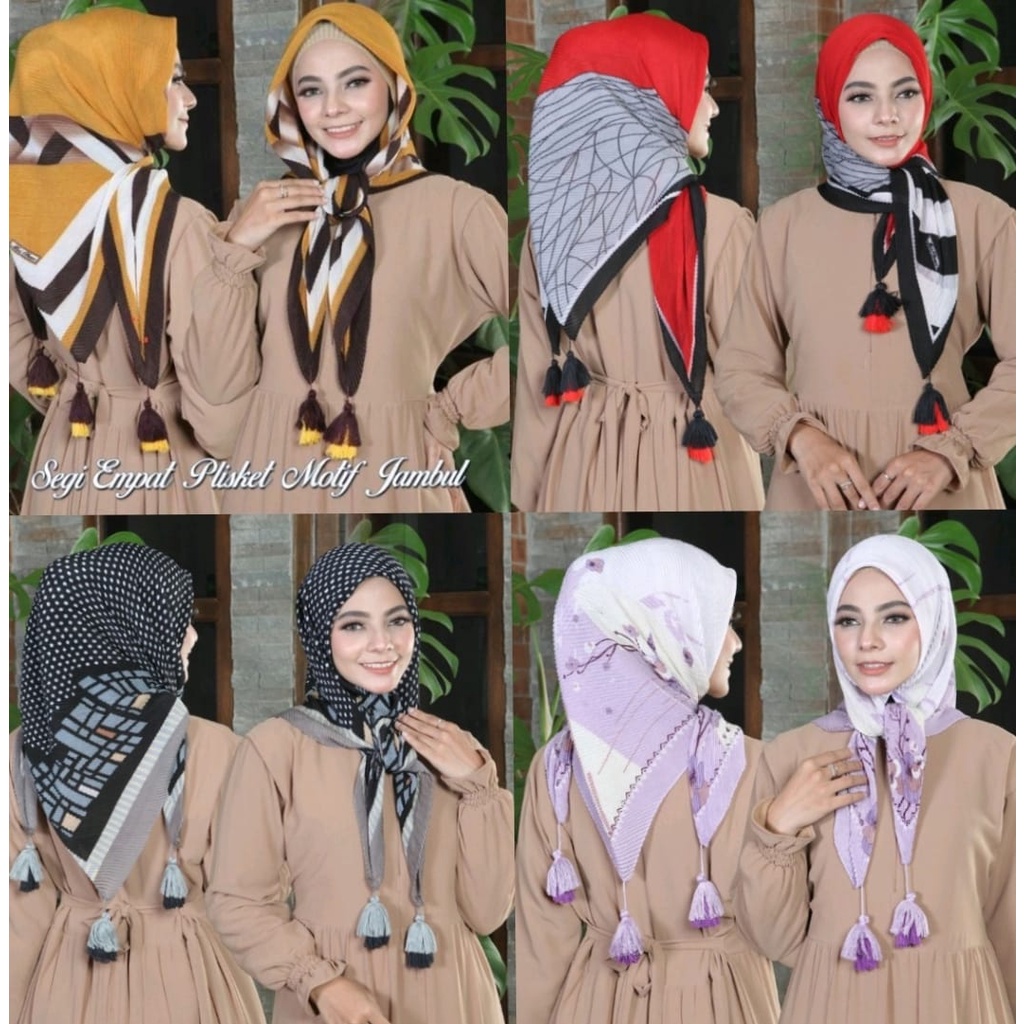 Hijab Plisket Segi 4 Motif Jambul / Segi Empat Motof Voal PomPom/Segi Empat Plisket Murah
