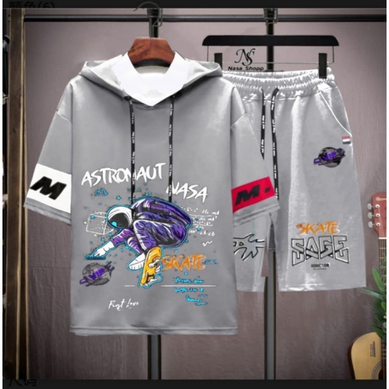 N_S Stelan Pria/Wanita 1Set Distro Baju Hoodie+Celana Pendek ASTRONAUT SKATEEE