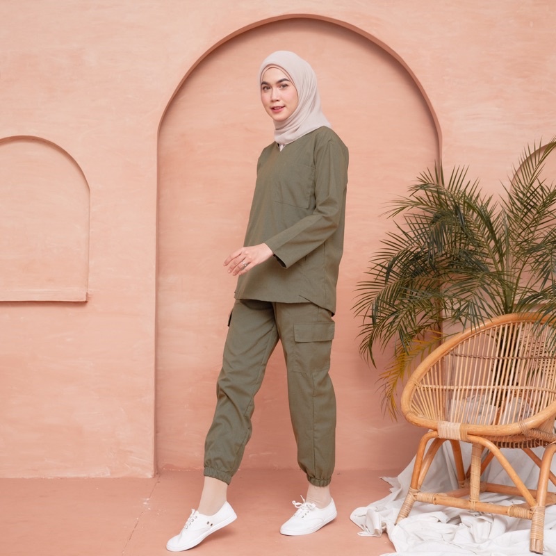 Baju Oka Bahan Katun TwoTone Celana Cargo Seragam Pakaian Perawat Rumah Sakit OK Jaga Medis Operasi