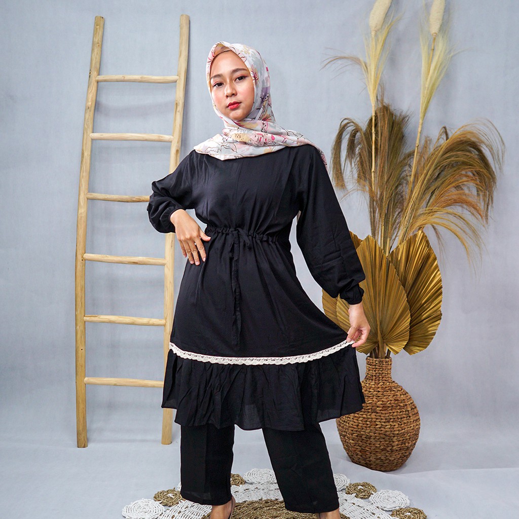 PIYAMA RAYON POLOS TUNIK SETELAN CP RENDA LENGAN PANJANG