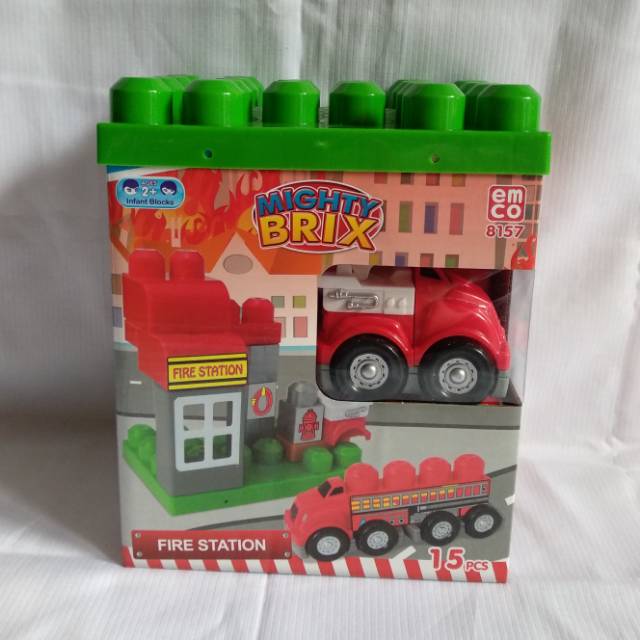 Mighty Brix Fire Station Include Fire Car Red color original by Emco Brix