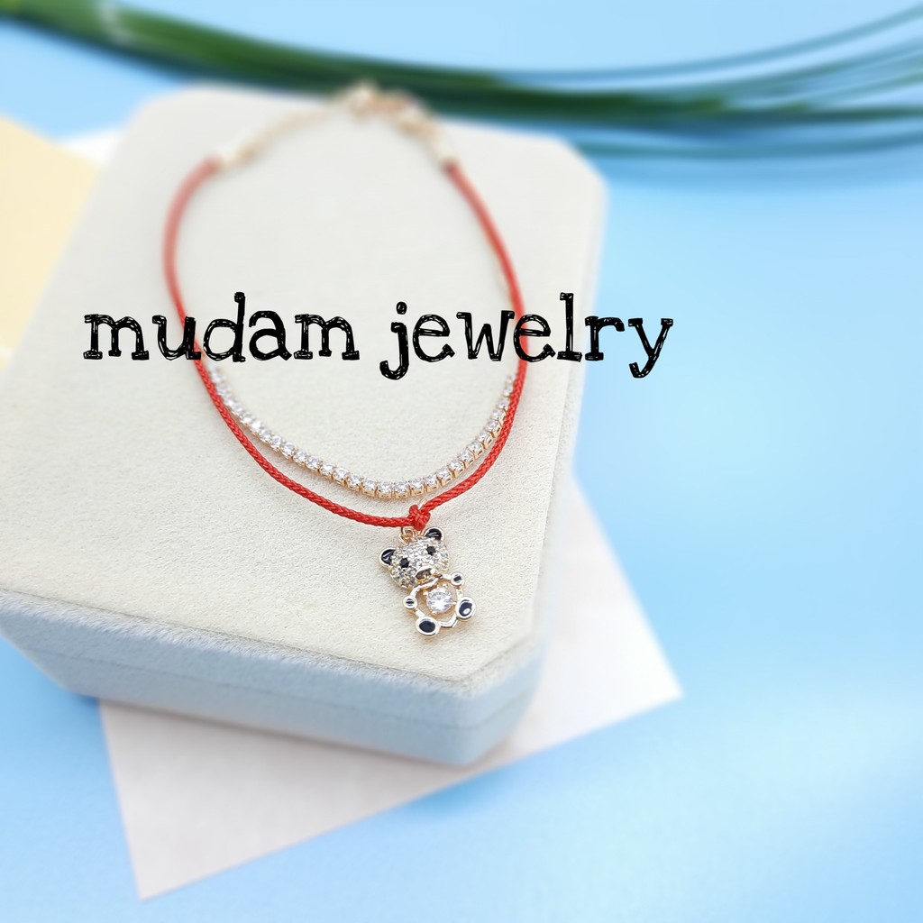 Gelang Tali Merah dan Serut Model Tali Teddy Bear Dengan Mata Zirkon Baris Plated 18K