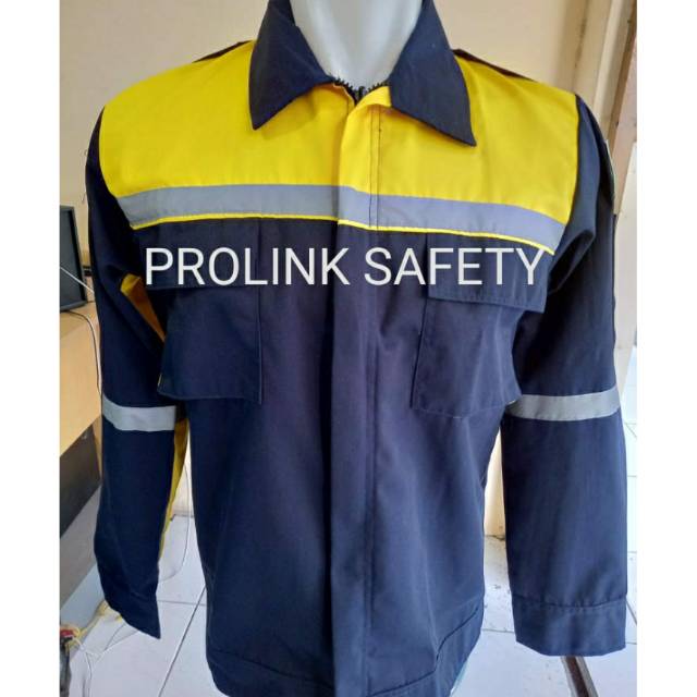 SERAGAM BAJU SAFETY DONGKER KOMBINASI KUNING KAIN DRILL RESLETING