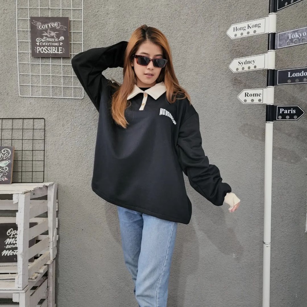 NEVER HOW COLAR 2XL Sweater Crewnewck Pria Wanita Oversize Kekinian Outerwear Bigsize Ala Korean Outfit Kasual Kekinian