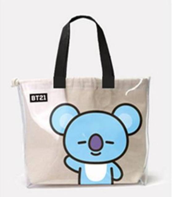 Tote Bag BT Boy Band Korea Transparan + Pouch Serut, Tas Jalan Fashion Unik Wanita Kpop Army Korea