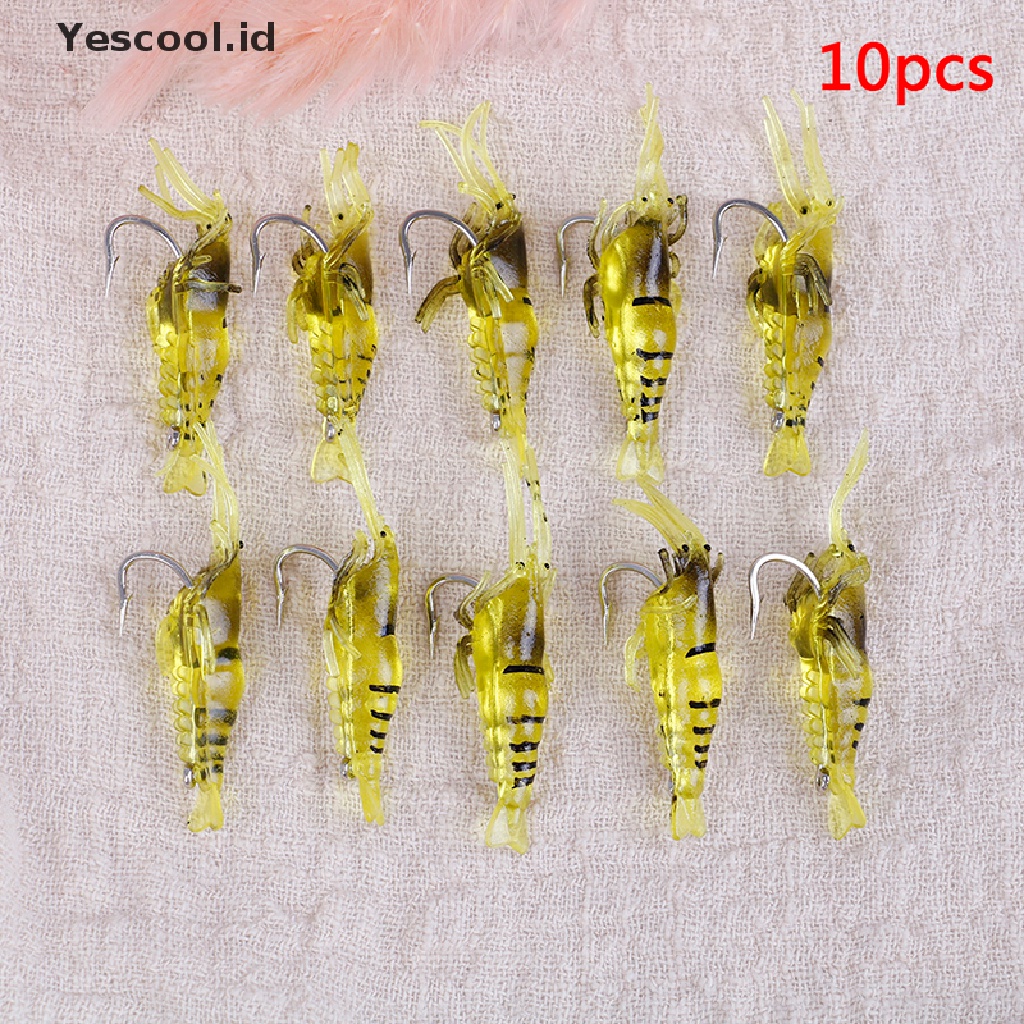 (Yescool) 10pcs Umpan Pancing Bentuk Udang Lembut Dengan Kail