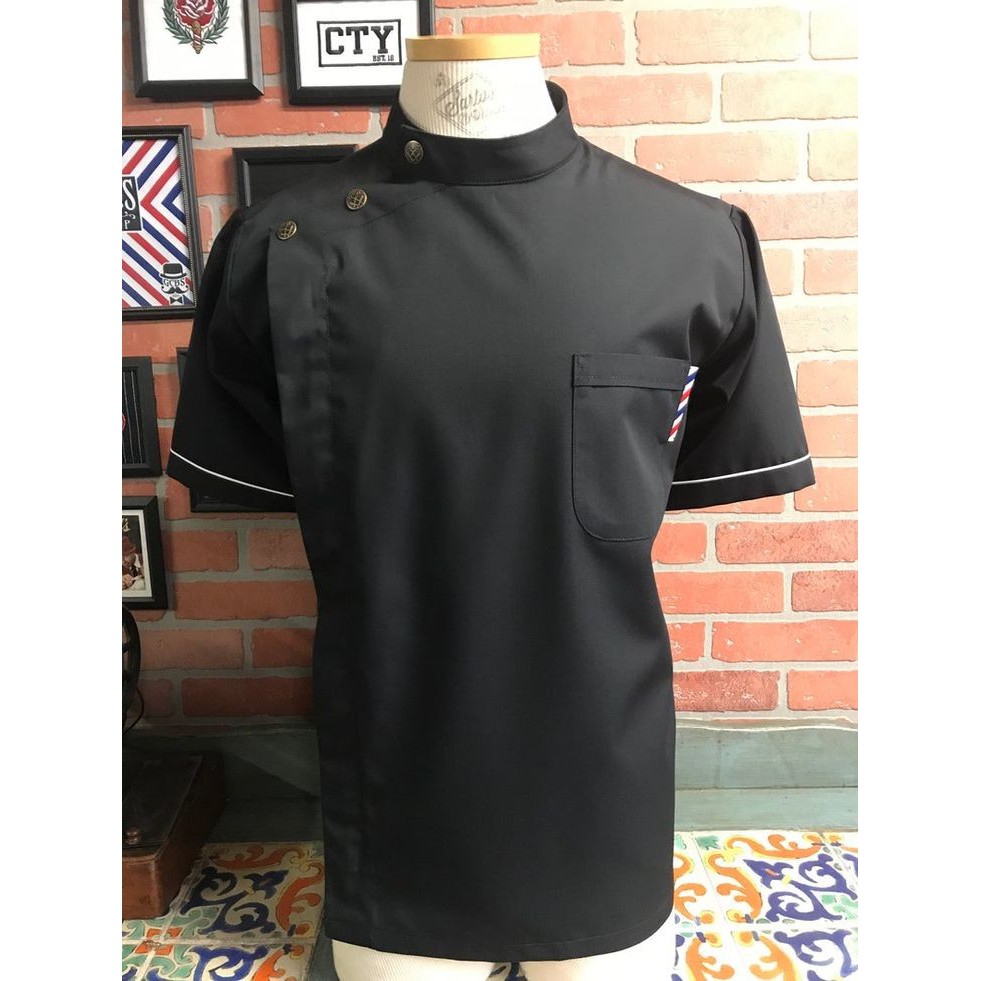 Kameja/Baju/seragam Barber/koki hitam list putih jpn drill plus bordir logo