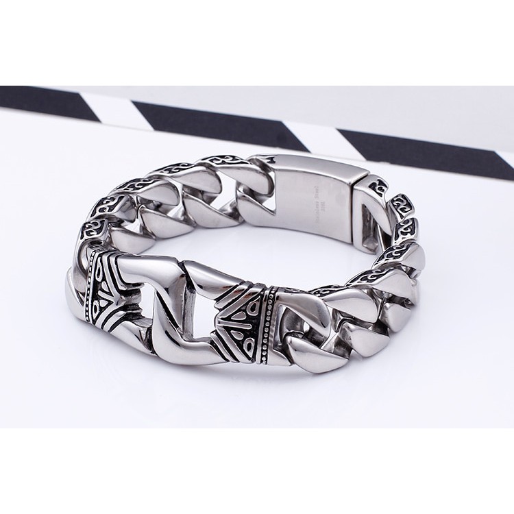 Gelang Pria Titanium Silver 316L Stainless Steel 18mm Totem Kerf Chain Bracelet