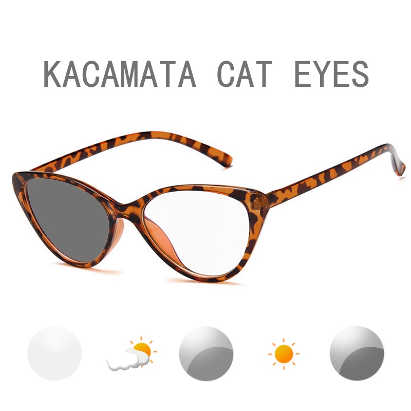 2 in 1 Photocromic Kacamata Cat Eye Anti Radiasi Wanita Bingkai Hitam Leopard Kacamata ANTOP