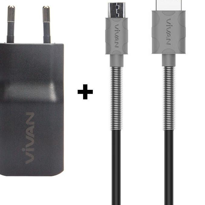 ✸ Charger VIVAN Dual USB 2.4A Black (DD01) + Kabel Micro USB Android Grey (FM100) Garansi 1 Tahun ✷