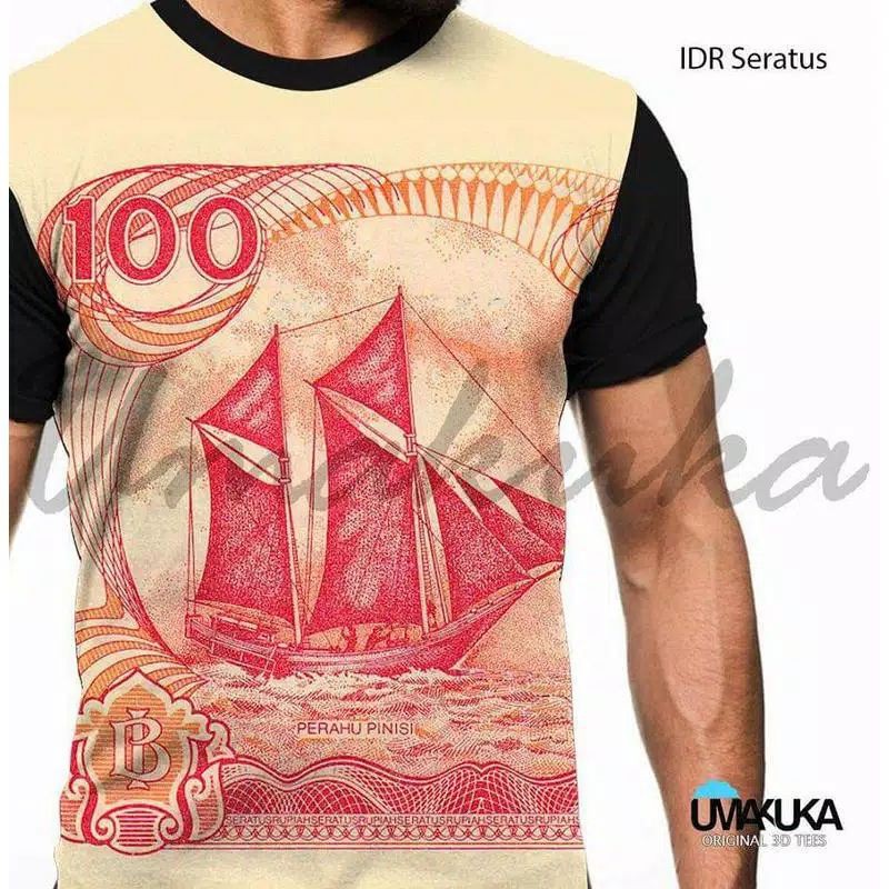 Kaos uang IDR seratus 100 lama kuno kapal pinisi oblong distro murah Bandung printing keren gaul