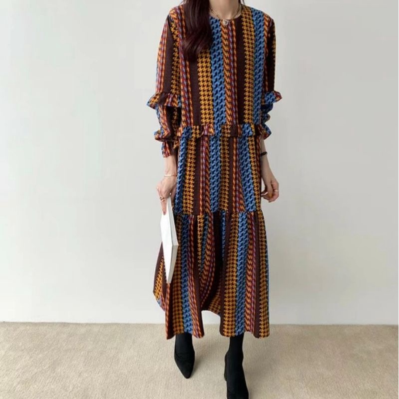 MDLV ~ 06630# Clorinda Maxi Dress Houndstooth Ombre Dress Maxi Premium Import