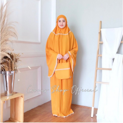 MUKENA TRAVELING MUKENA PLISKET DEWASA MOTIF RENDA FREE TAS WARNA MUSTARD KUNING KUNYIT
