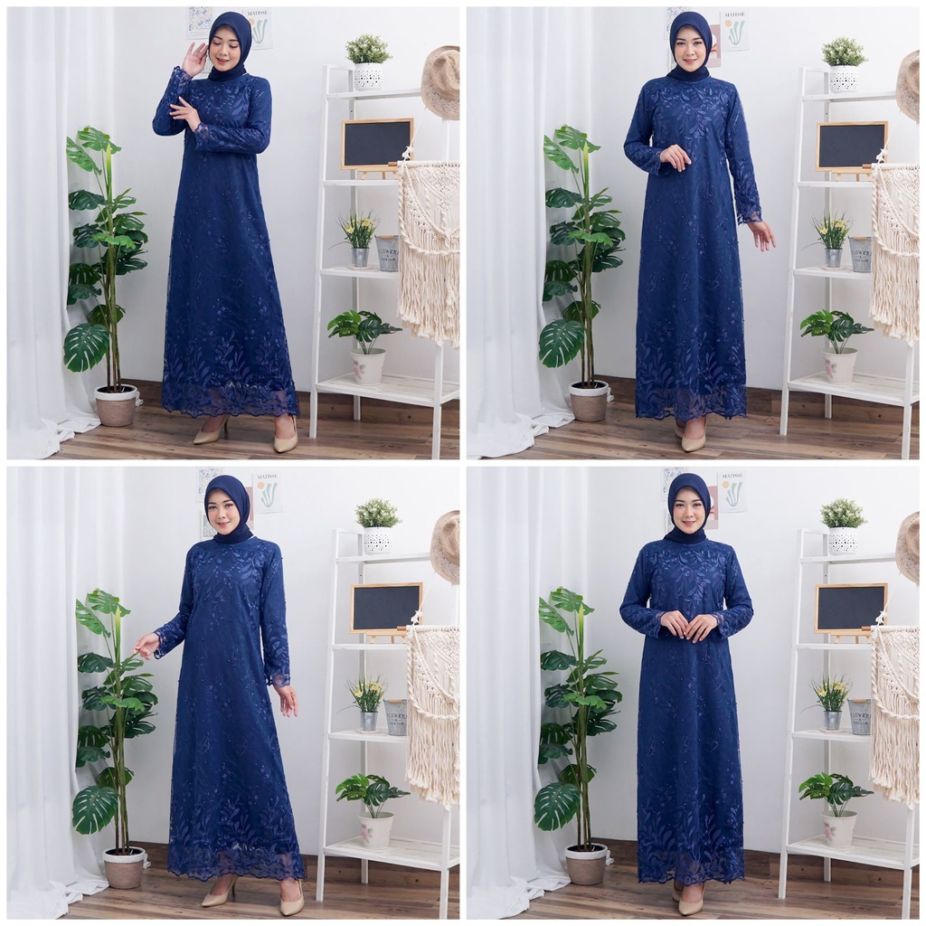 GAMIS BELLA FULL BRUKAT TILE BORDIR MUTIARA GLITTER MAXI DRESS PESTA MUSLIM