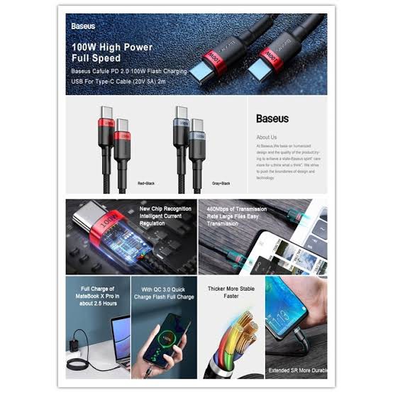 BASEUS CAFULE PD 2.0 KABEL USB TYPE-C TO TYPE-C CABLE FAST 100W 2METER