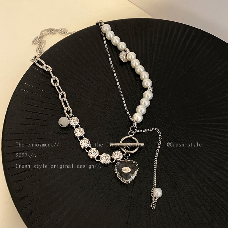 YEEZII Kalung Rantai Choker Liontin Hati Hias Mutiara Kristal Warna Silver Untuk Wanita