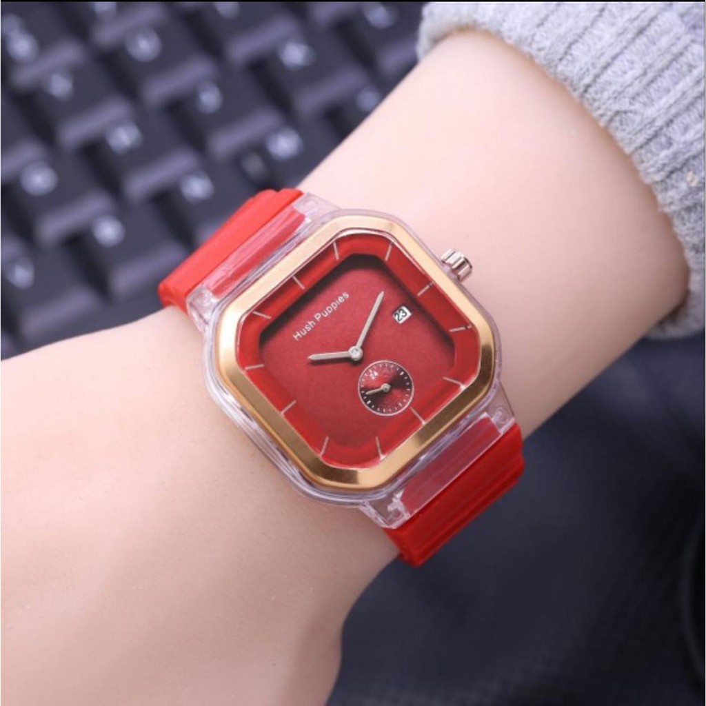 [✅COD] Jam Tangan Wanita Cewek Hush Puppies Sergi Jarum Strap Rubber Tanggal Aktif