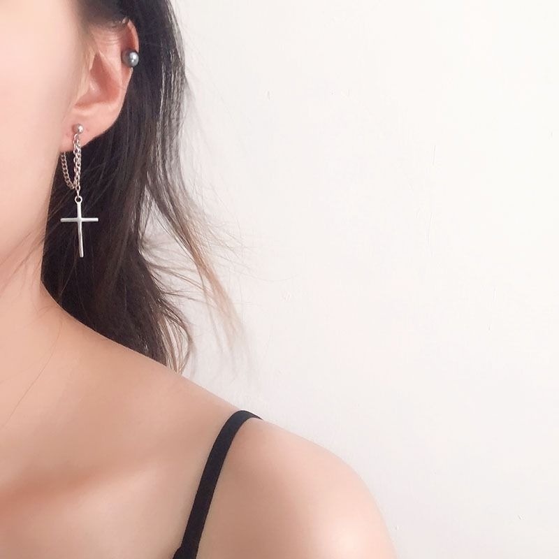 Magic789 Punk Cool Silver Chain Tassel Cross Earrings for Women Girls