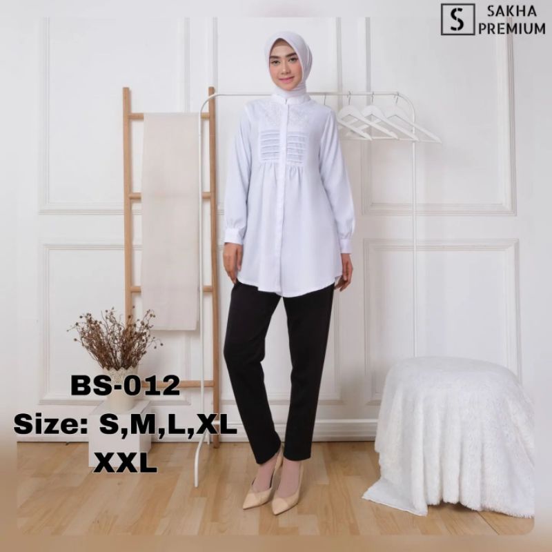 Sakha - BS 012 Pakaian Baju Atasan Wanita Kerja Putih Muslim Lengan Panjang Kombinasi Renda Jumbo XXL Terlaris