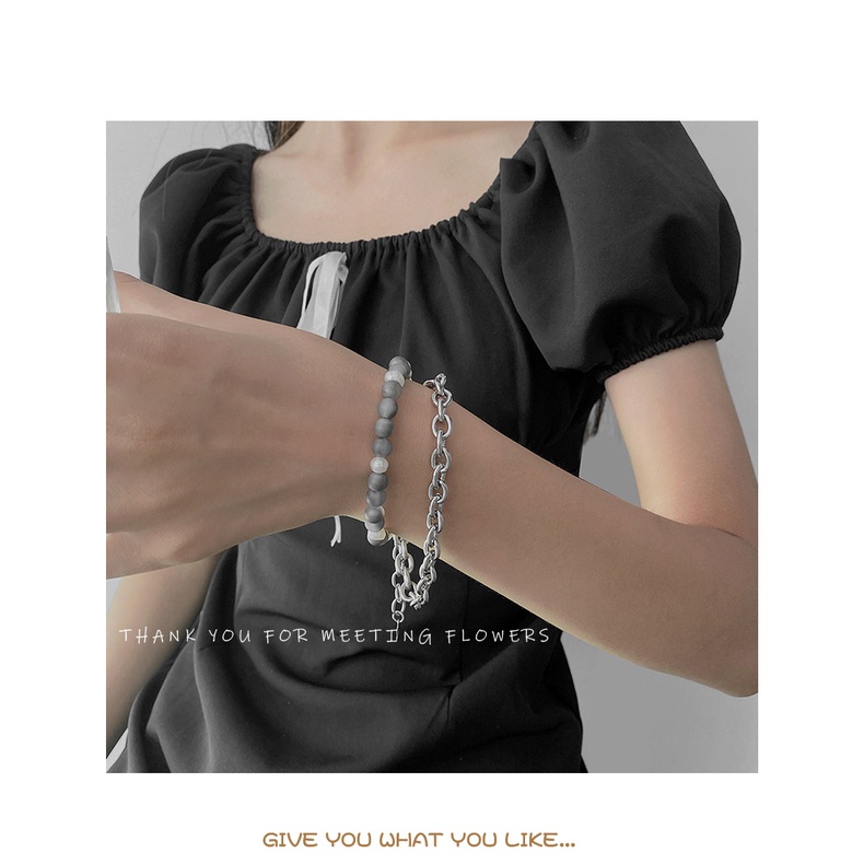 Niche double layer twin gelang mutiara wanita in gelap tekstur matte keren hip hop sweet cool gelang