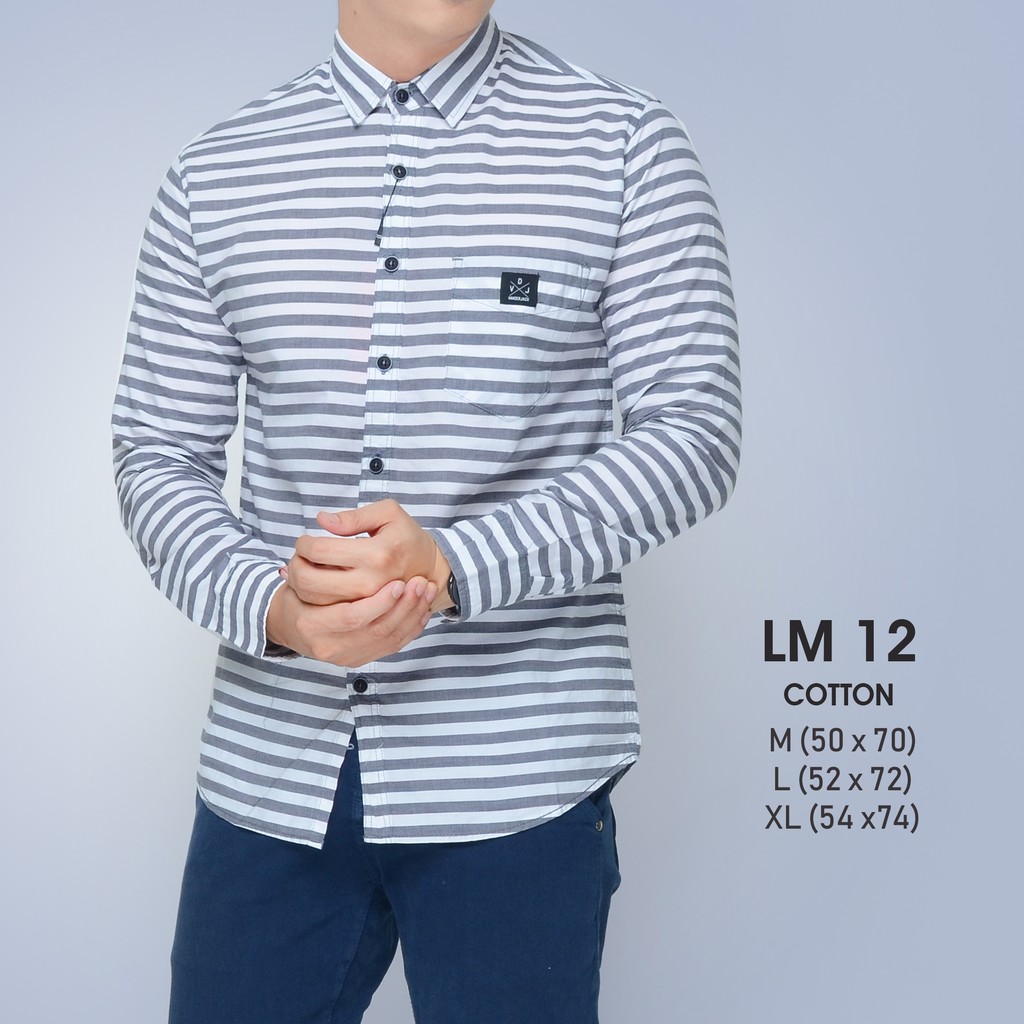 Kemeja Pria Cowok Panjang Motif Garis Garis Horizontal Lurus Abu Abu Putih Murah Casual Simple