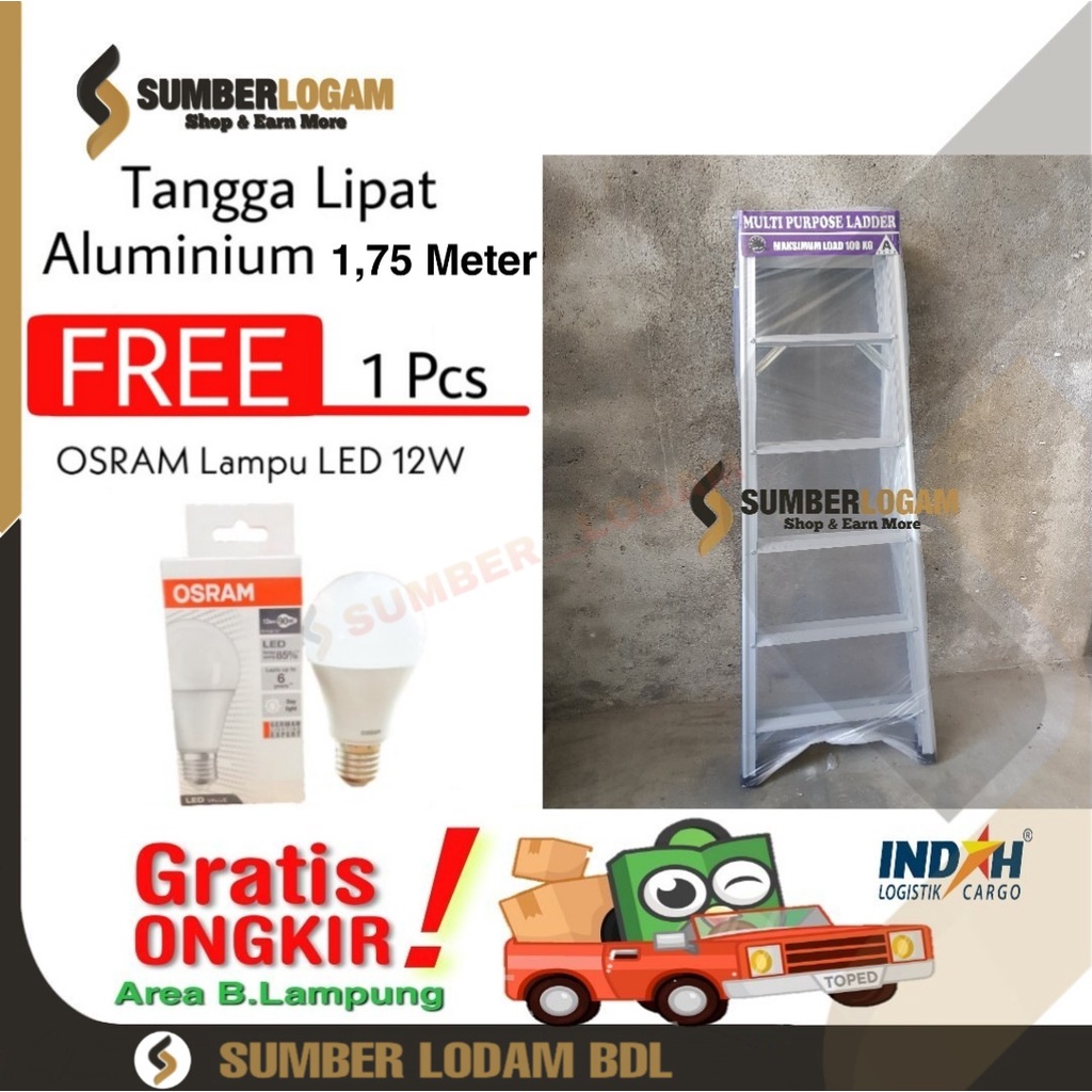 Tangga Lipat Aluminium 1,75 Meter BONUS OSRAM Lampu LED 12W