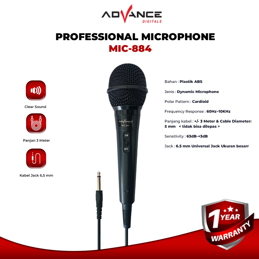 Advance Mic Karaoke Profesional Dynamic Microphone Mic Kabel MIC884 Jack Besar 6,5MM Garansi 1 Tahun